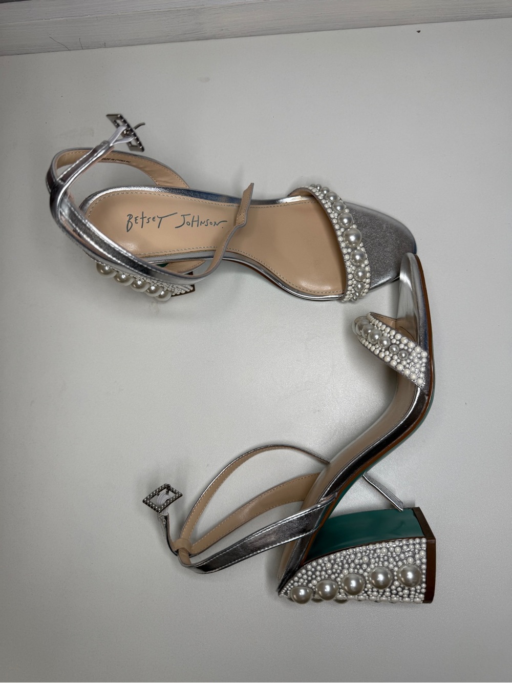 Betsey Johnson Silver Pearl-Embellished Block Heel Sandals
